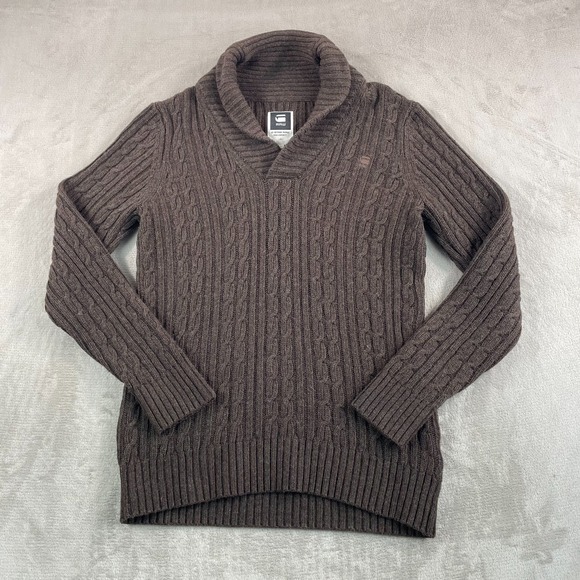 G-STAR Higging Shawl Collar Cable Knit Sweater Men XL Brown Wool Blend Pullover